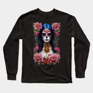 Sugar Skull Art - Traditional Woman in Skull Makeup Long Sleeve T-Shirt